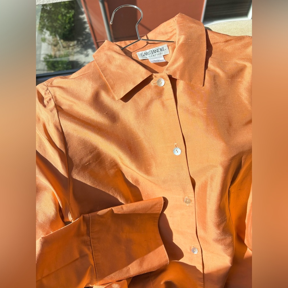 vtg dupioni silk citrine structured blouse - saks jandel button down orange mint